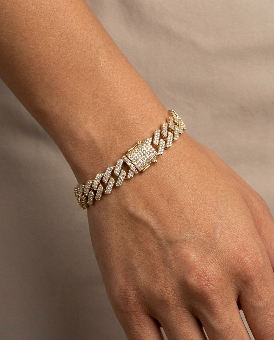 14KT Gold Diamonds Square Cuban Bracelet (11 MM) on model