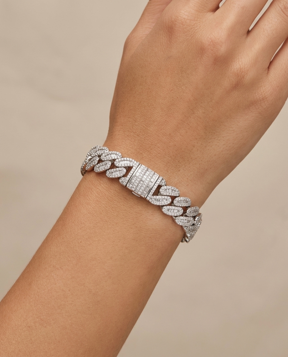 14KT Gold Diamond and Baguette Diamond Cuban Bracelet on model