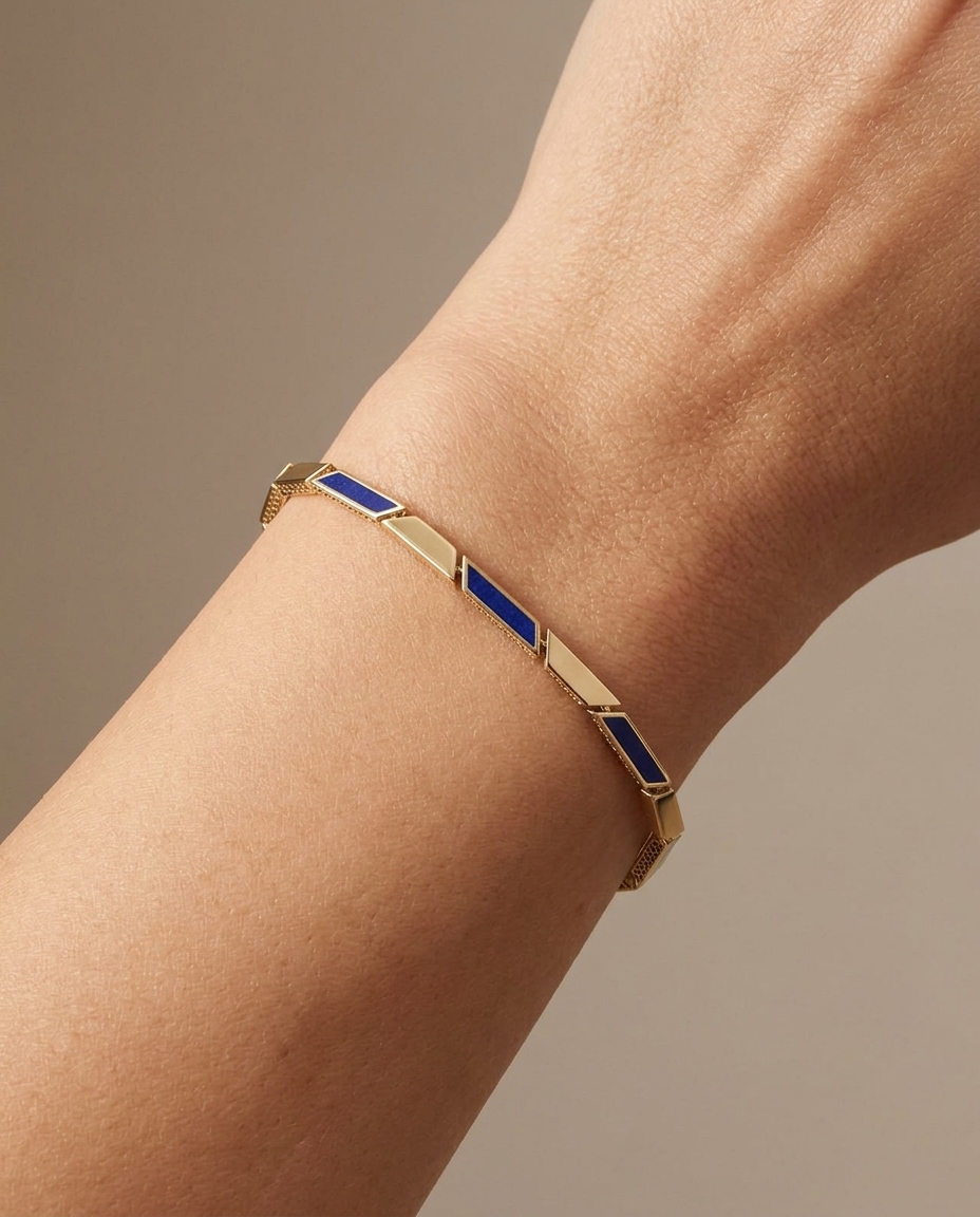 14KT Yellow Gold Lapis 7" Bracelet on model