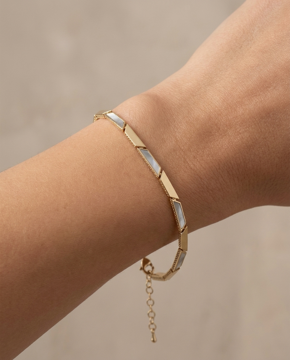 14KT Yellow Gold Mother of Pearl 7" Bracelet on model