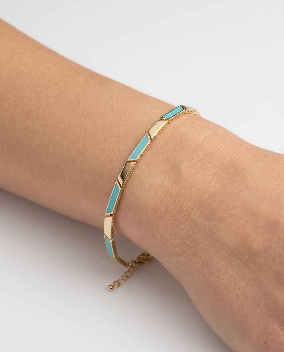 14KT Yellow Gold Turquoise 7" Bracelet on model