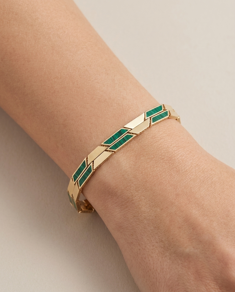 14KT Yellow Gold Malachite 7" Bracelet on model