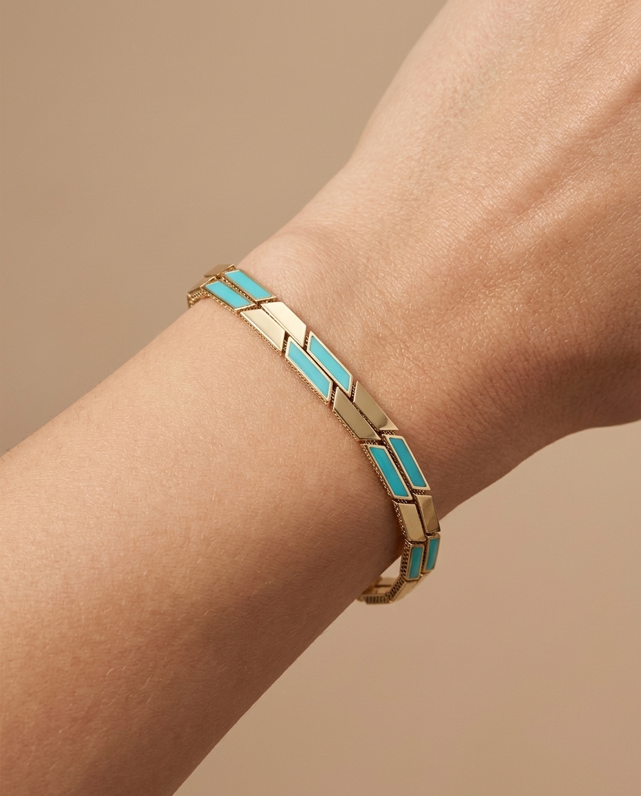 14KT Yellow Gold Turquoise 7" Bracelet on model