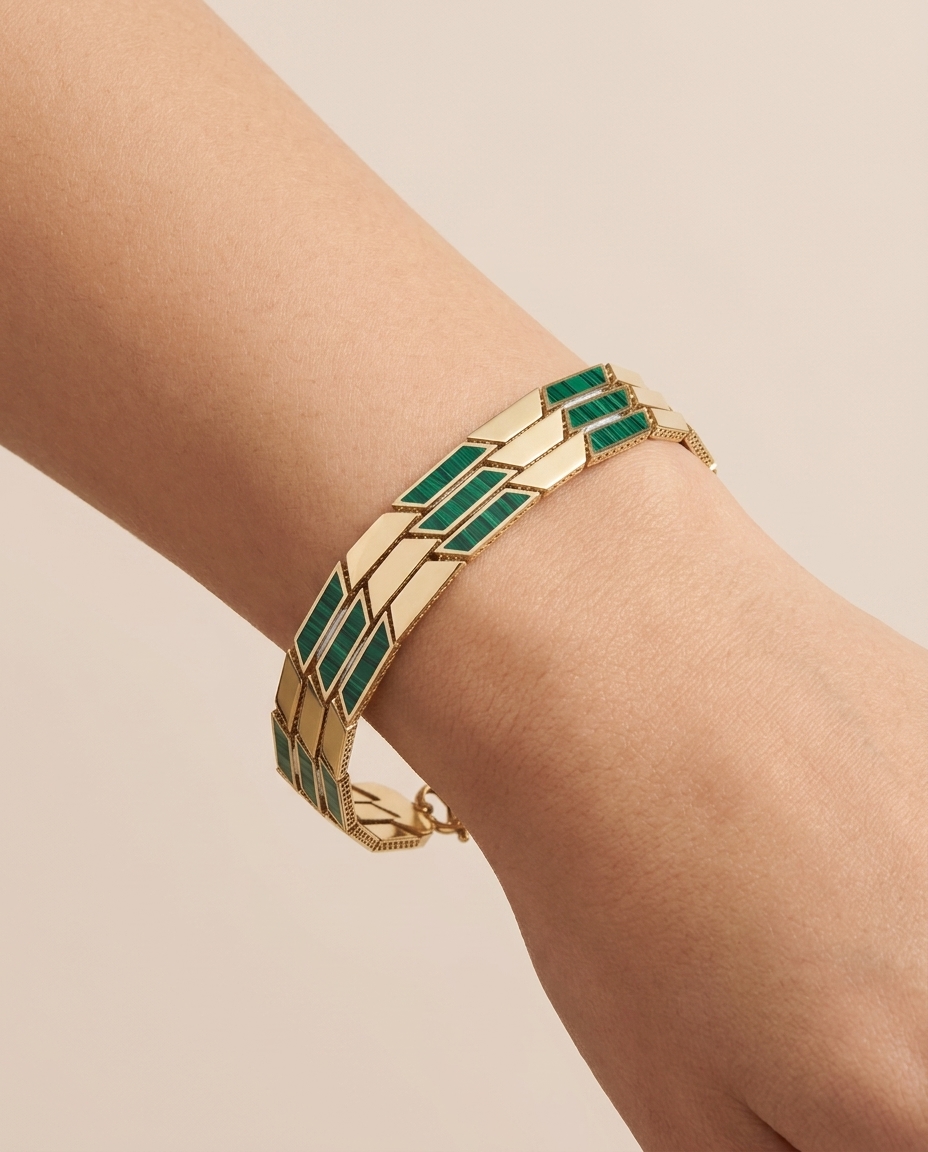 14KT Yellow Gold Malachite 7" Bracelet on model
