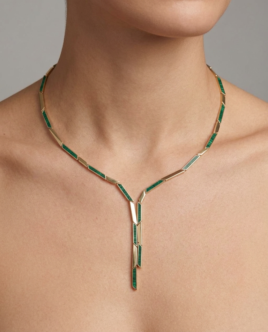 14KT Yellow Gold Malachite 16" Necklace on model