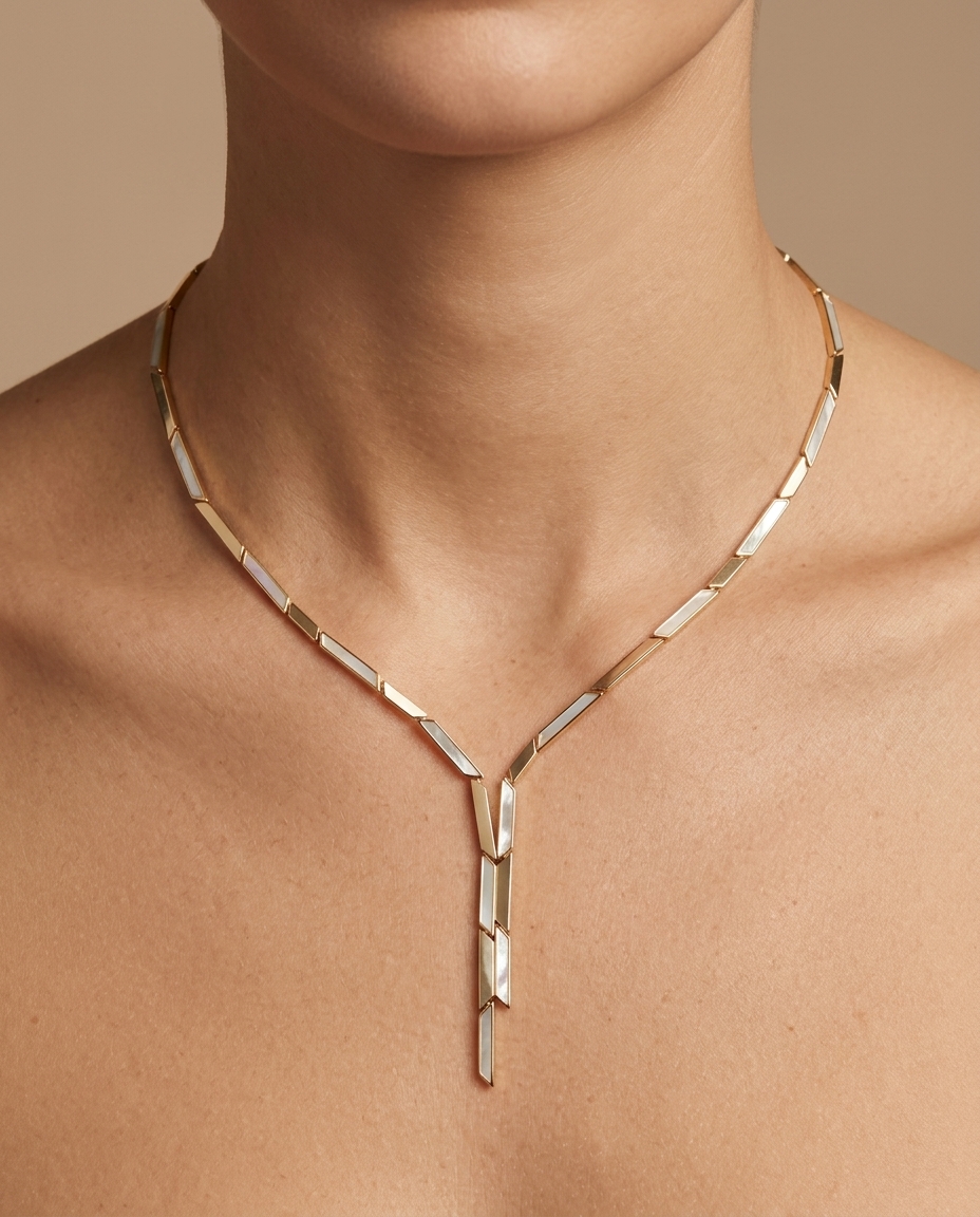 14KT Yellow Gold Mother of Pearl 16" Necklace on model