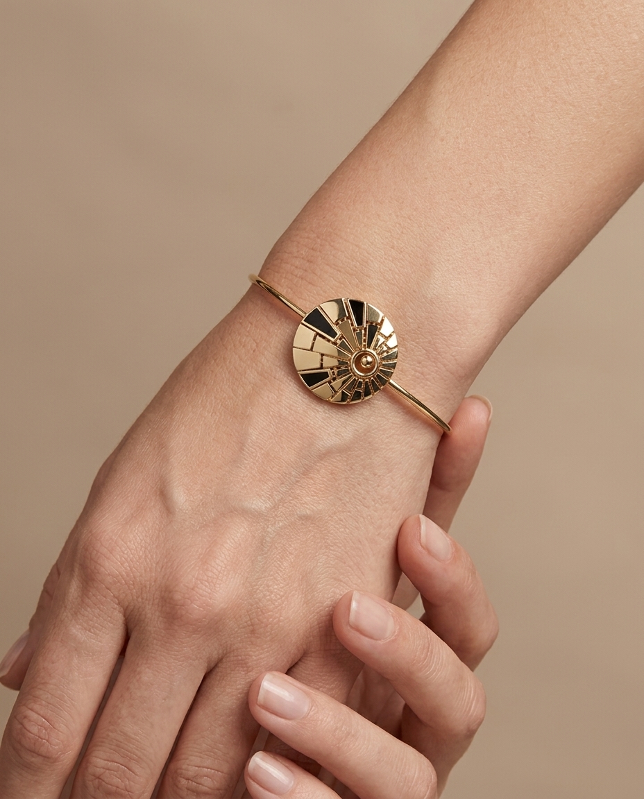 14KT Yellow Gold Black Onyx Bangle on model