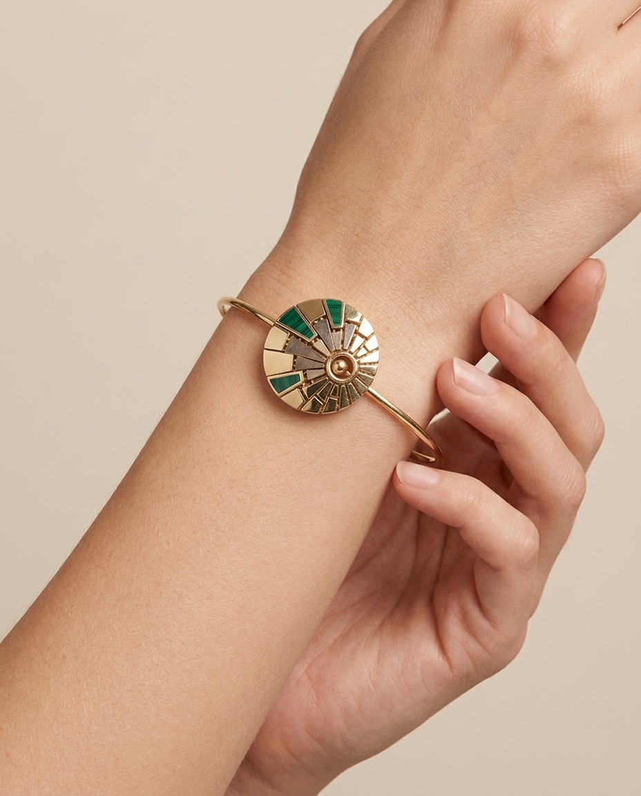14KT Yellow Gold Malachite Bangle on model