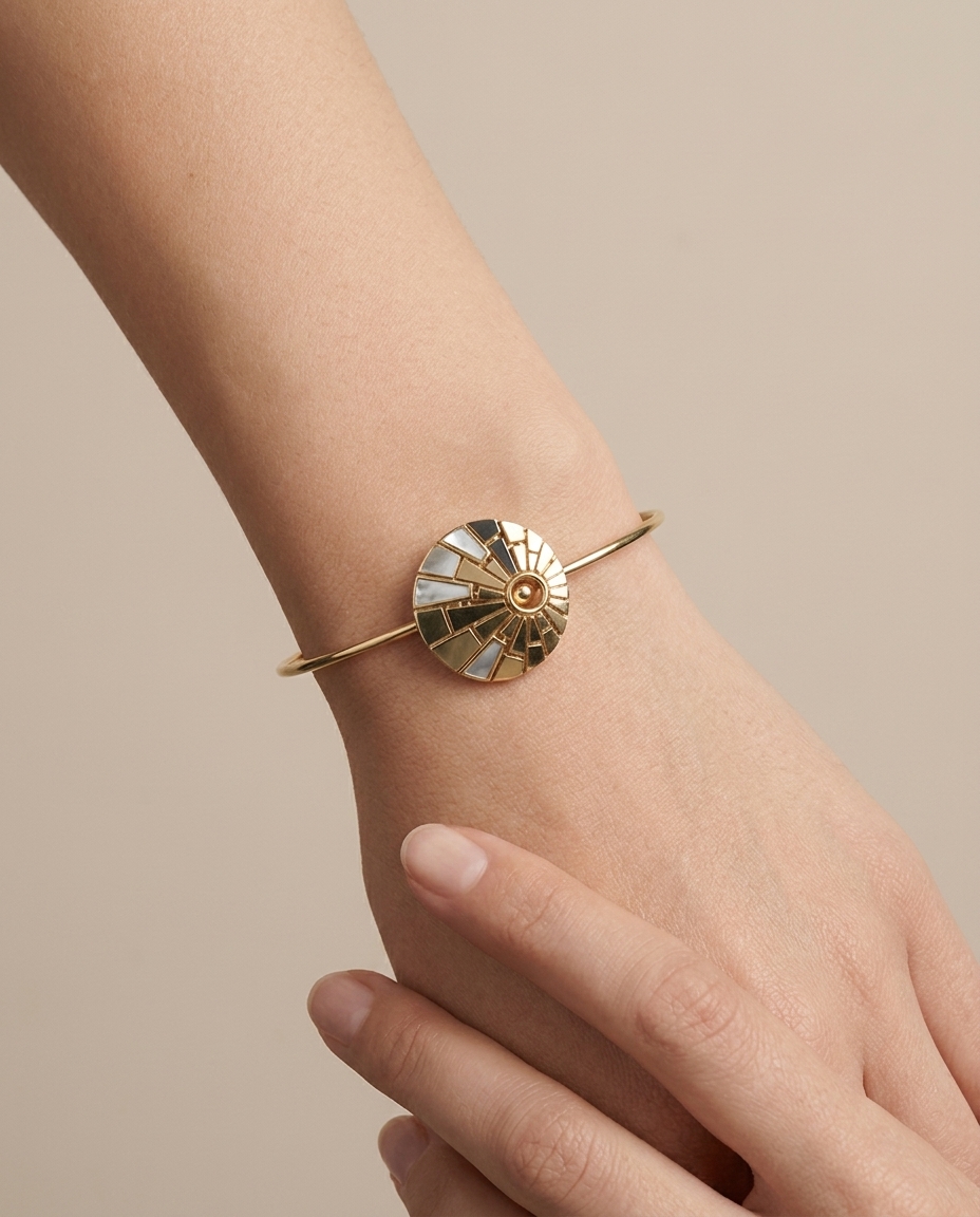 14KT Yellow Gold Mother of Pearl Bangle on model