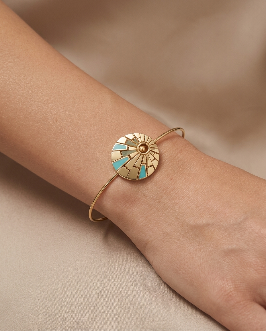 14KT Yellow Gold Turquoise Bangle on model
