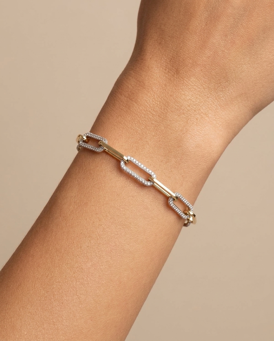 14KT Gold Paperclip with Three Diamond Link Bracelet on model
