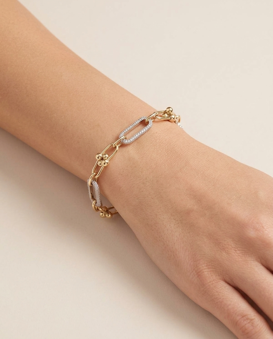 14KT Gold U-Link Chain with Diamond Three Link Bracelet on model