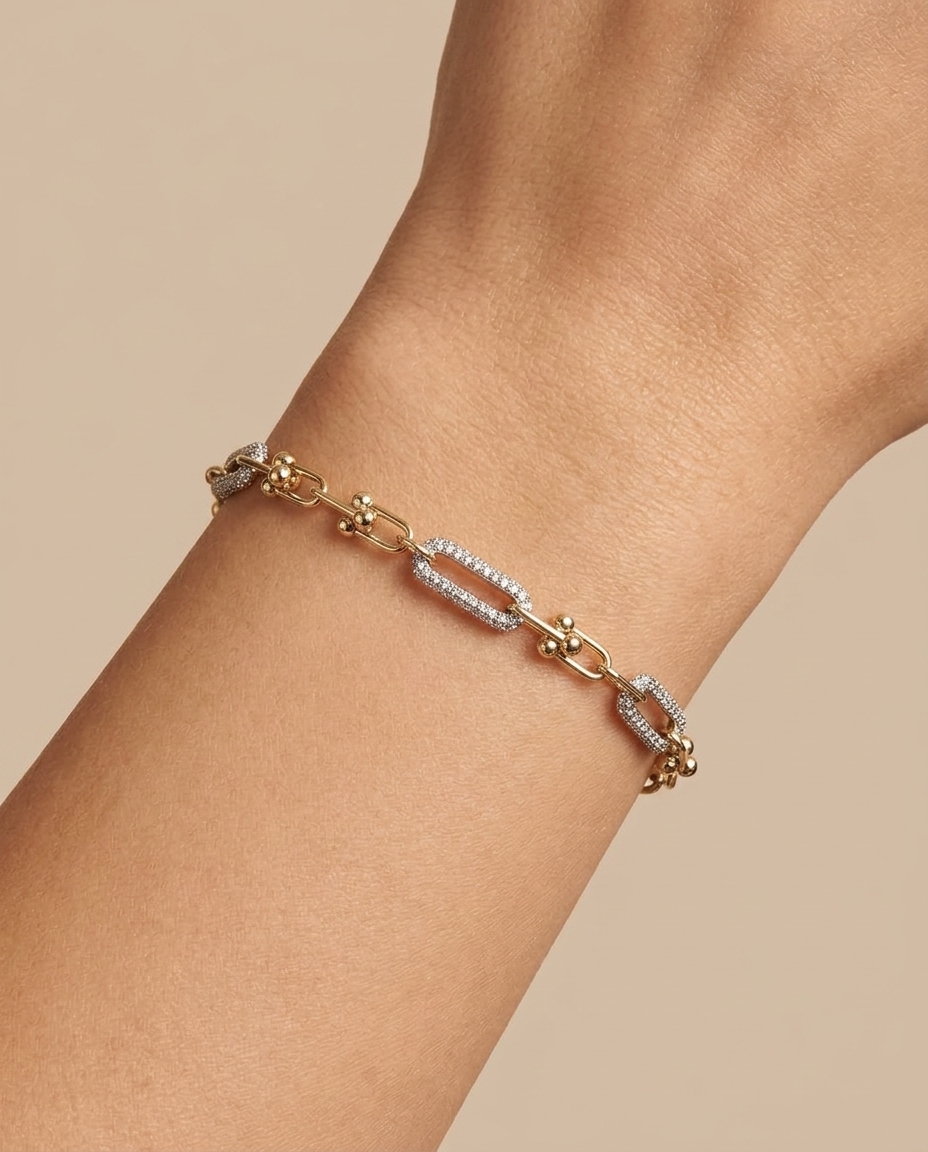 14KT Gold U Link with Diamond Three-Link Bracelet on model