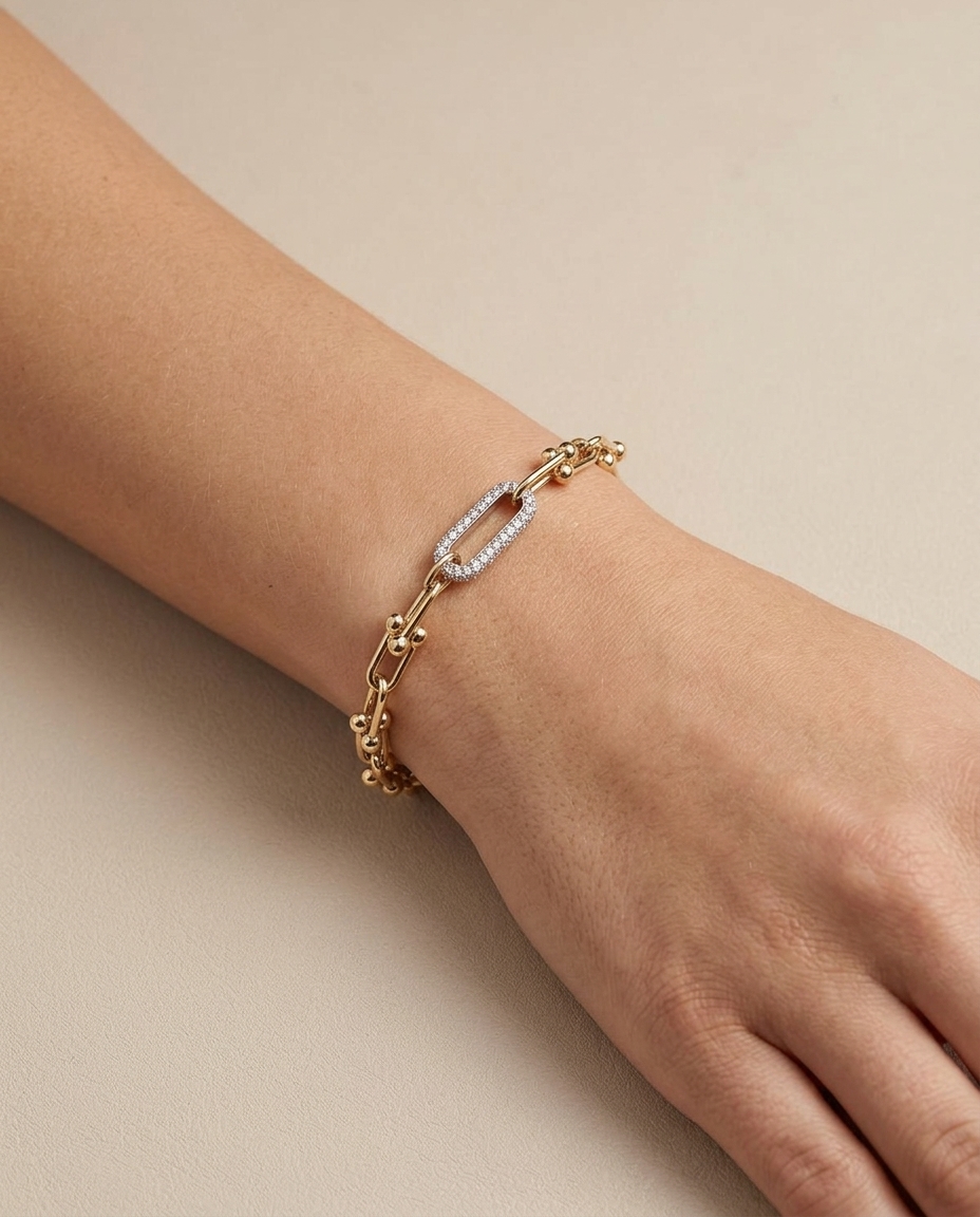 14KT Gold U Link with Diamond One Link Bracelet on model