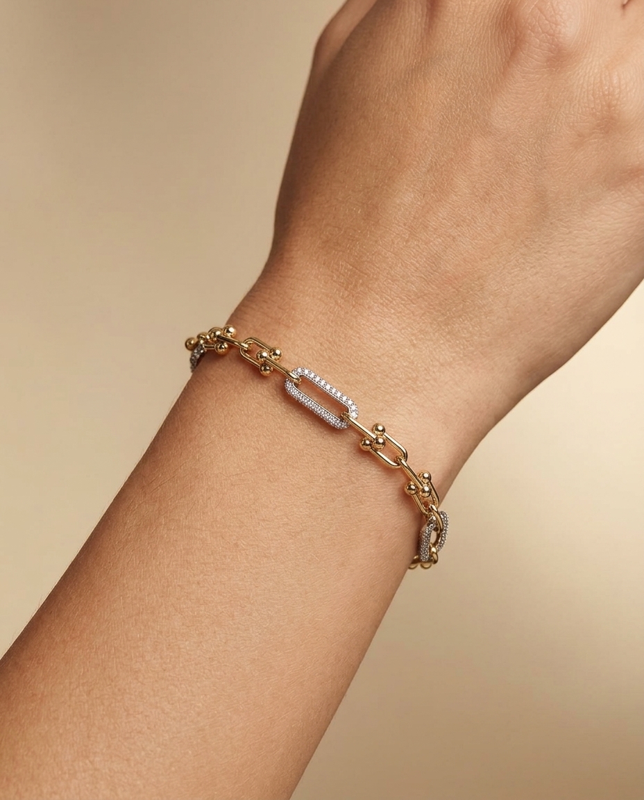 14KT Gold U-Link Chain with Diamond Three-Link Bracelet on model