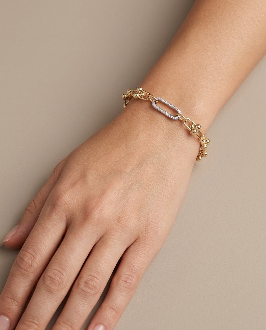14KT Gold U Link with Diamond One Link Braclet on model