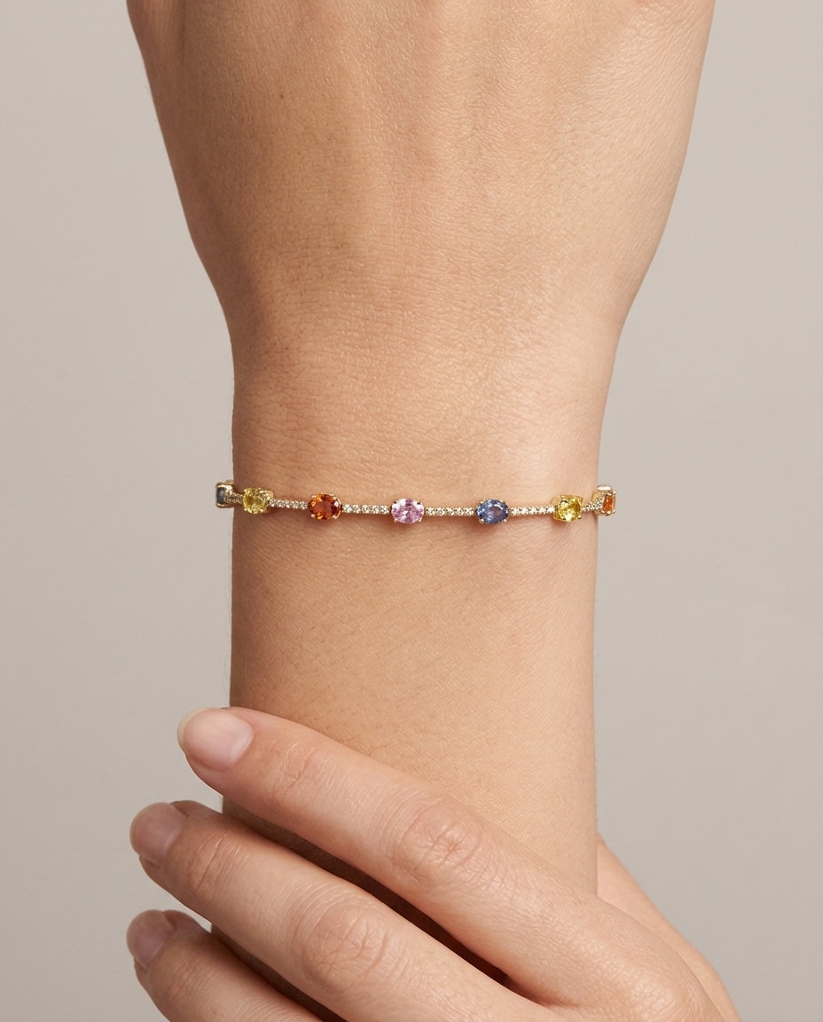 18KT Yellow Gold Multi Sapphire and Diamonds Bracelet on model