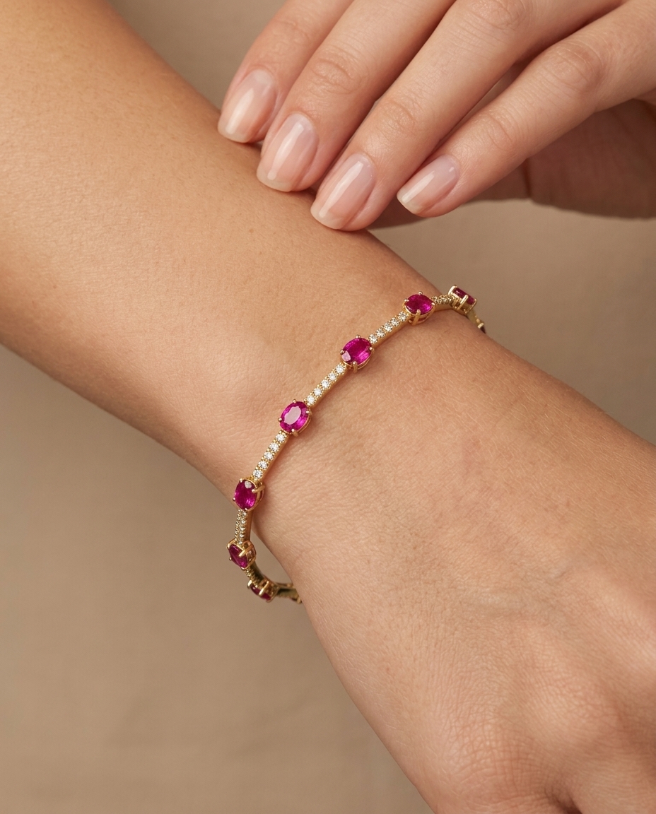 18KT Yellow Gold Ruby and Diamonds Bracelet on model