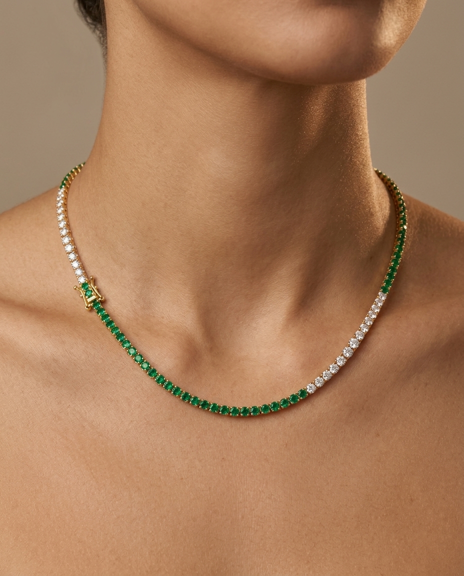 18KT White Gold Emerald and Diamond Necklace on model