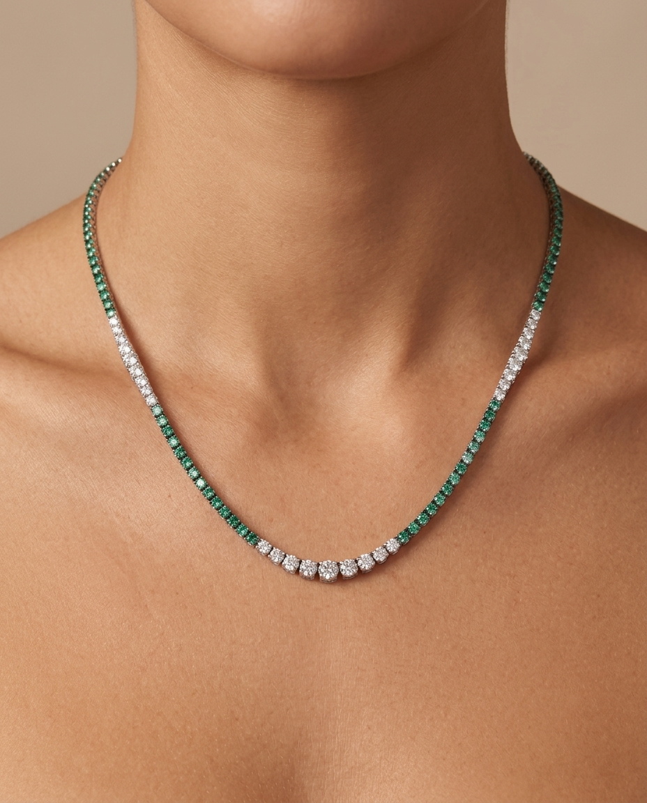 18KT White Gold Emerald and Diamond Tennis Necklace on model