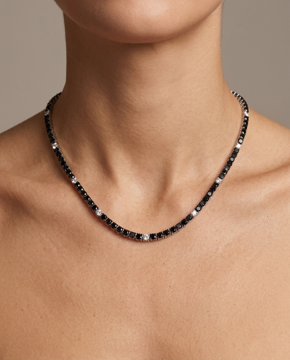 14KT White Gold Black and White Diamond Tennis Necklace 11.00 Cts on model