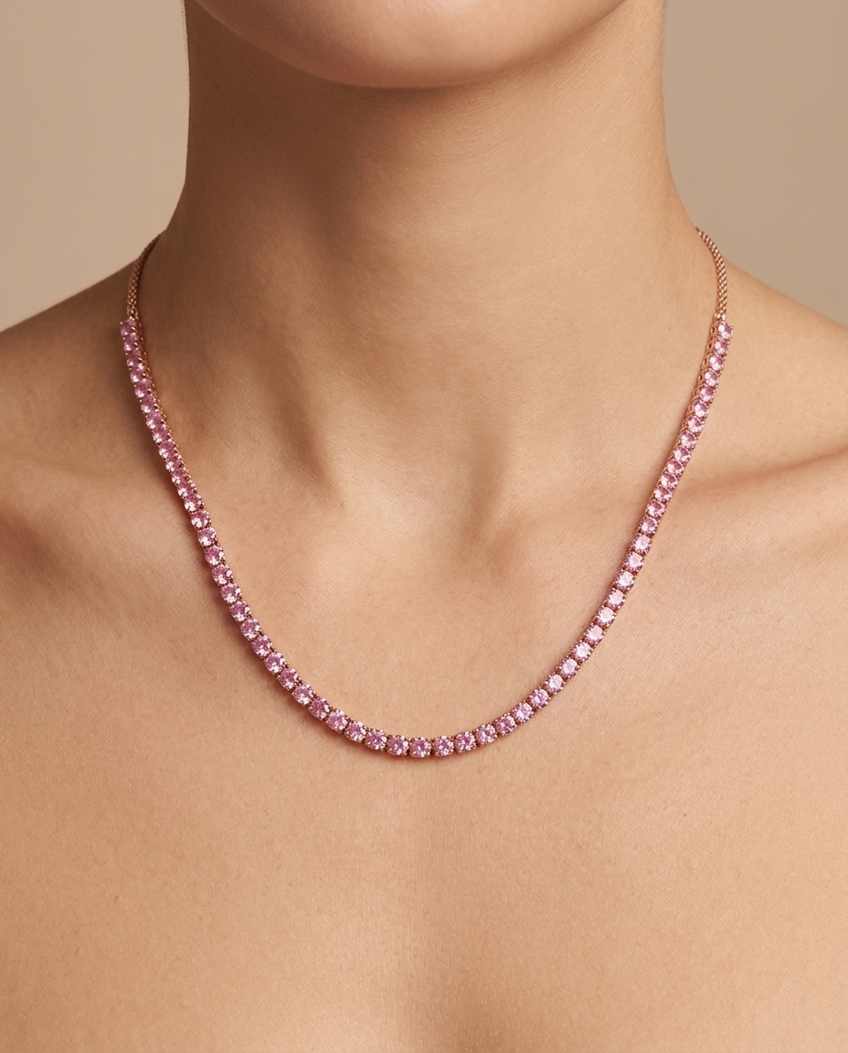 14KT Pink Sapphire Round Tennis Necklace on model
