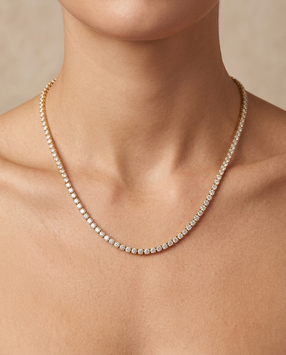14KT Yellow Gold Diamond 4 Prong Tennis Necklace on model