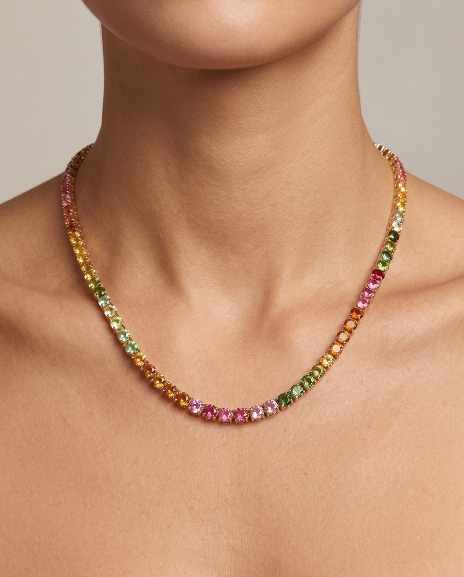 14KT Gold Multi Sapphire Necklace on model