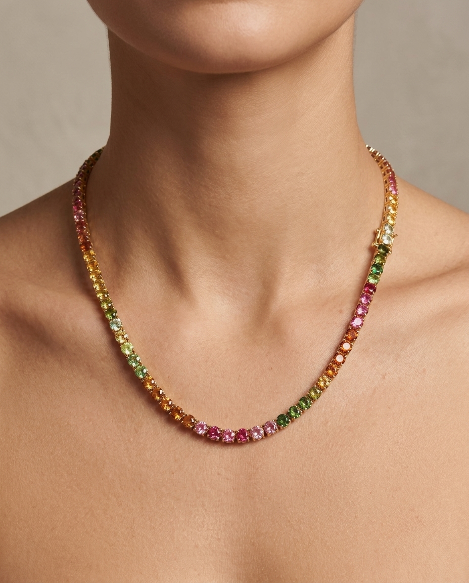 14KT Gold Multi Sapphire Necklace on model