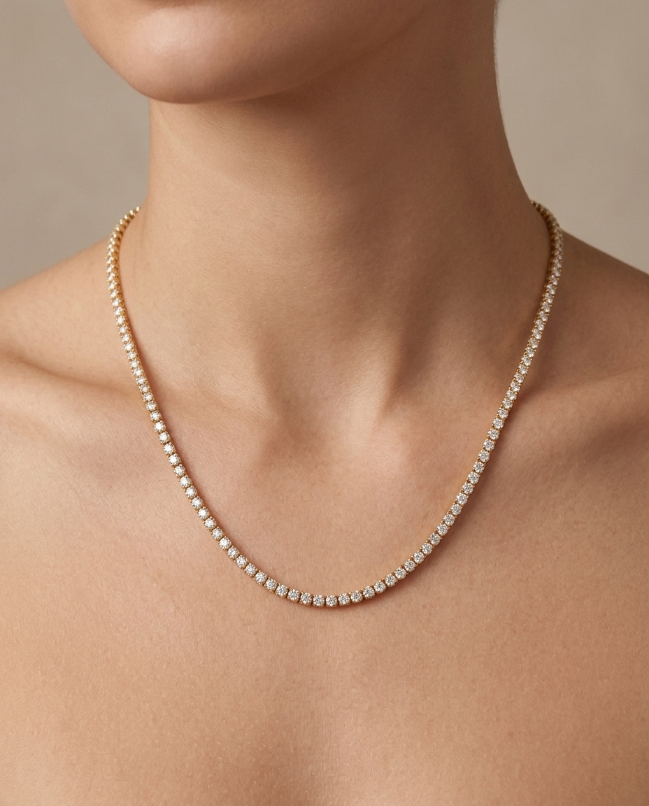 14KT Yellow Gold Diamond 4 Prong Tennis Necklace on model
