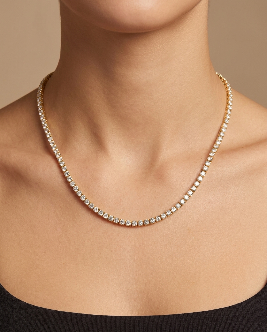14KT Yellow Gold Diamond 4 Prong Tennis Necklace on model