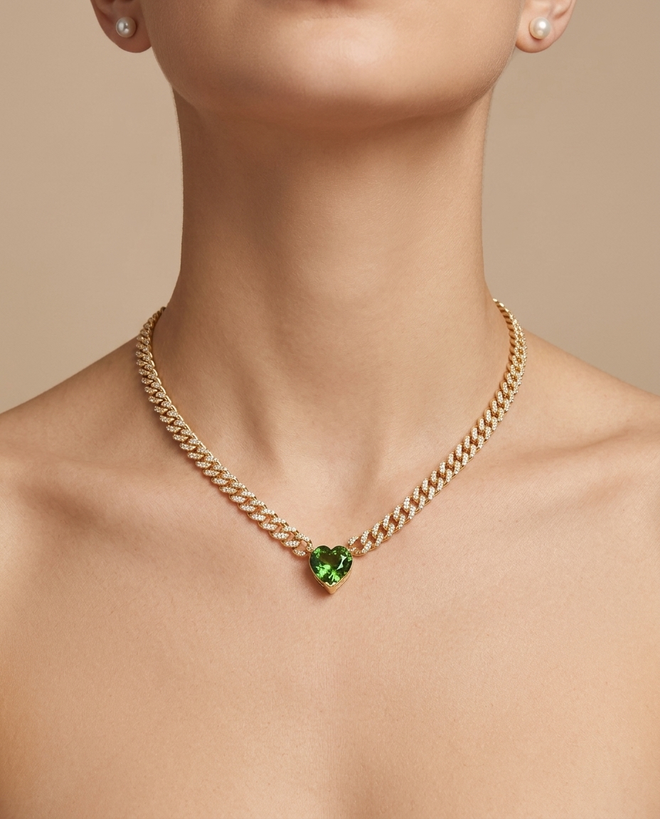 14KT Yellow Gold Green Tourmaline and Diamond Cuban Chain Necklace 16" on model