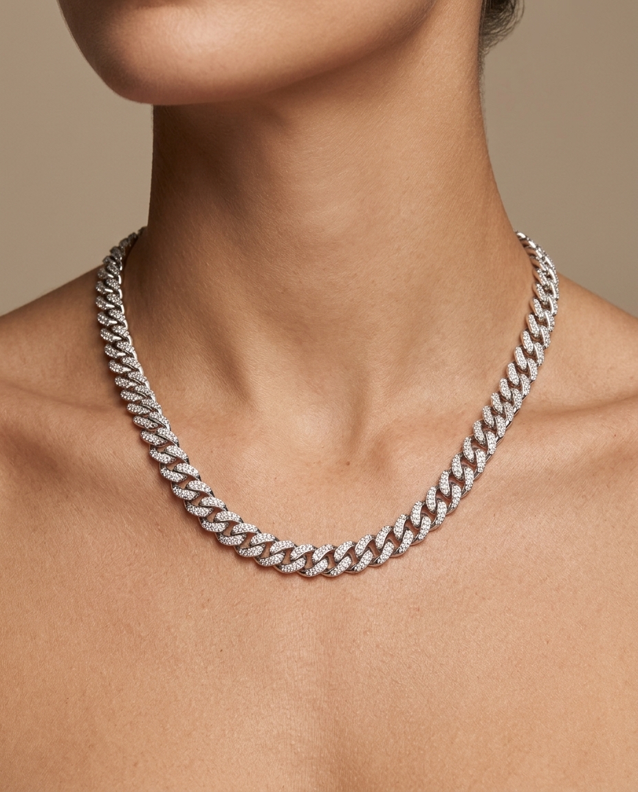 14KT White Gold Diamond Cuban Necklace on model