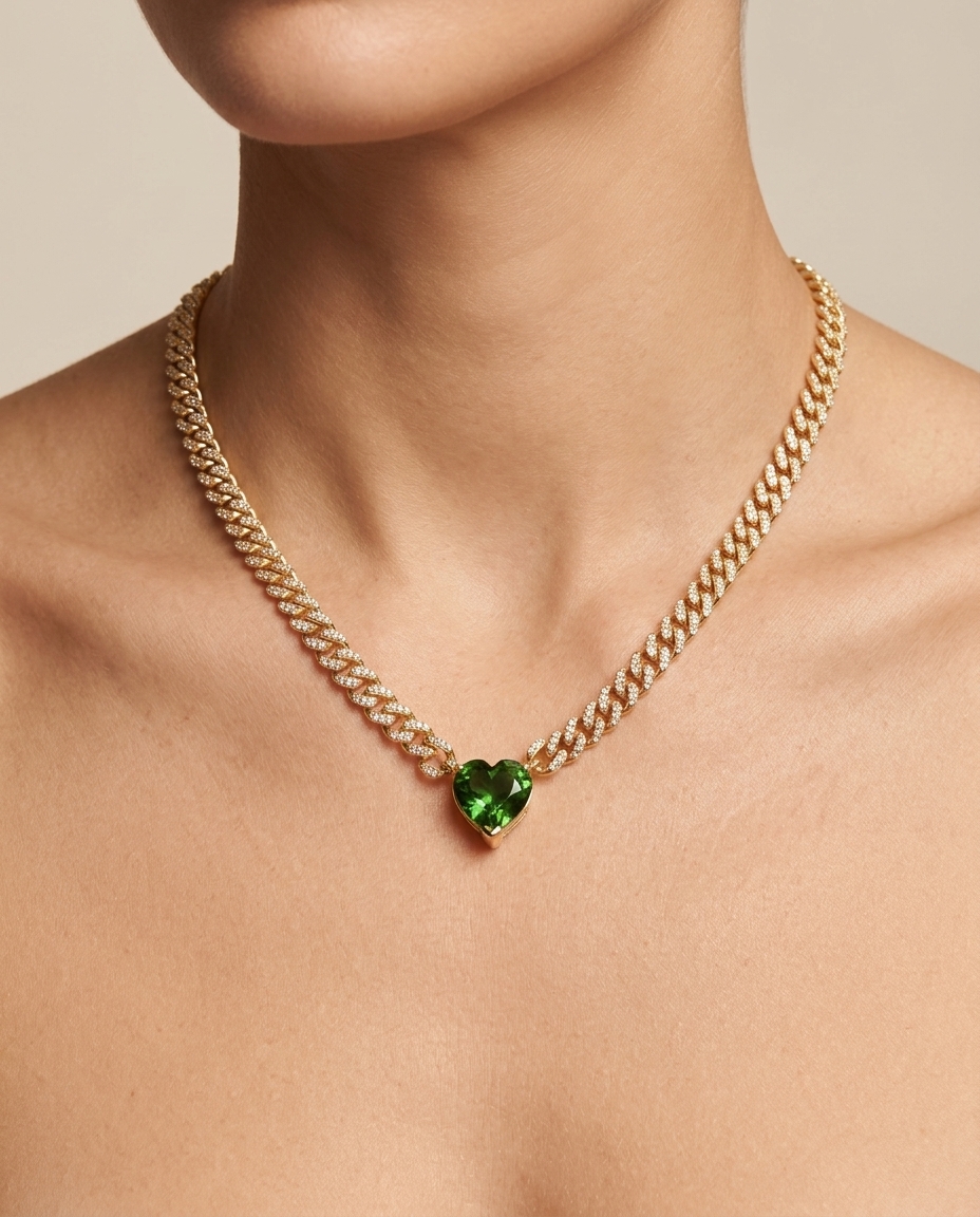 14KT Yellow Gold Green Tourmaline and Diamond Cuban Necklace on model