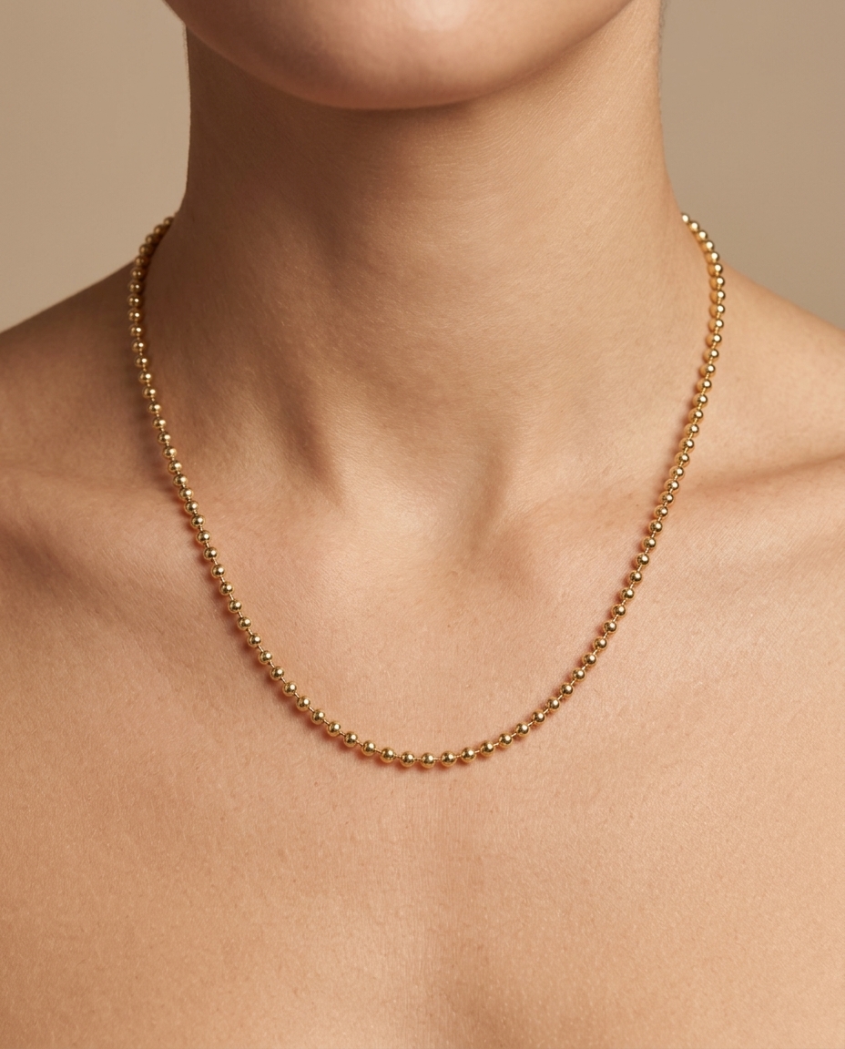 14KT Yellow Gold Ball Necklace on model