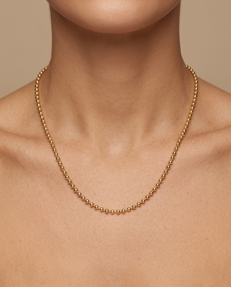 14KT Yellow Gold Ball Necklace on model