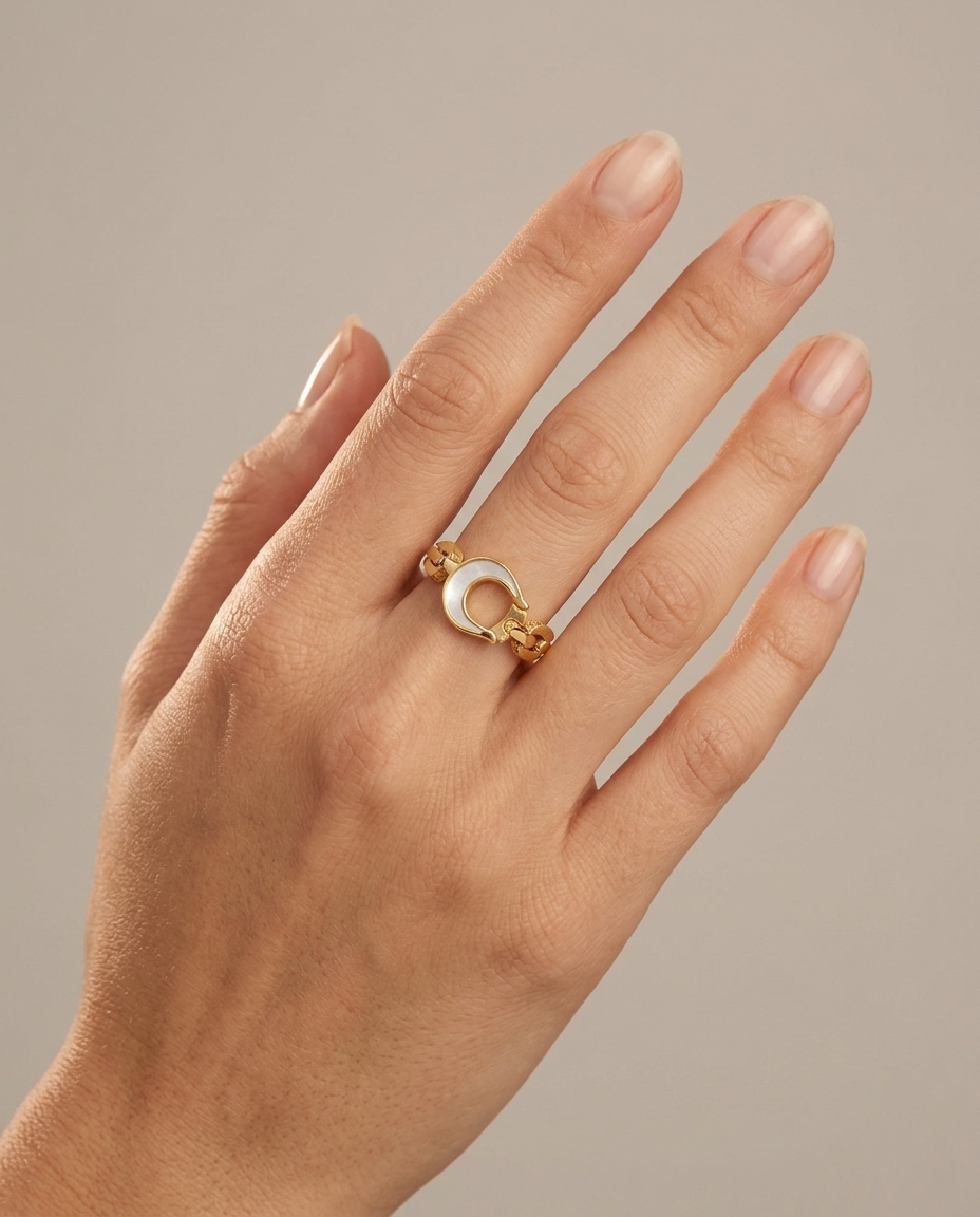 14KT Yellow Gold Mother of Pearl Ring on model