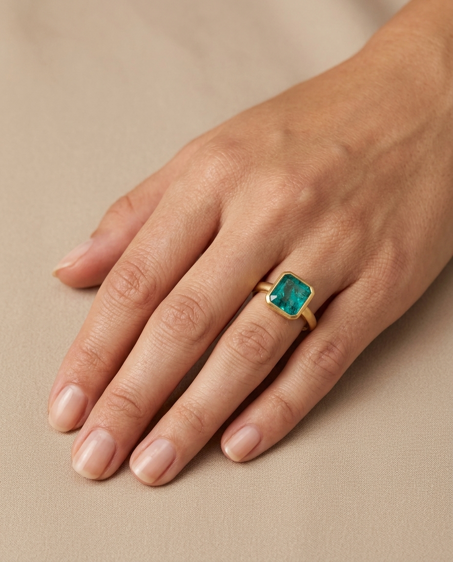 14KT Yellow Gold Emerald Ring on model