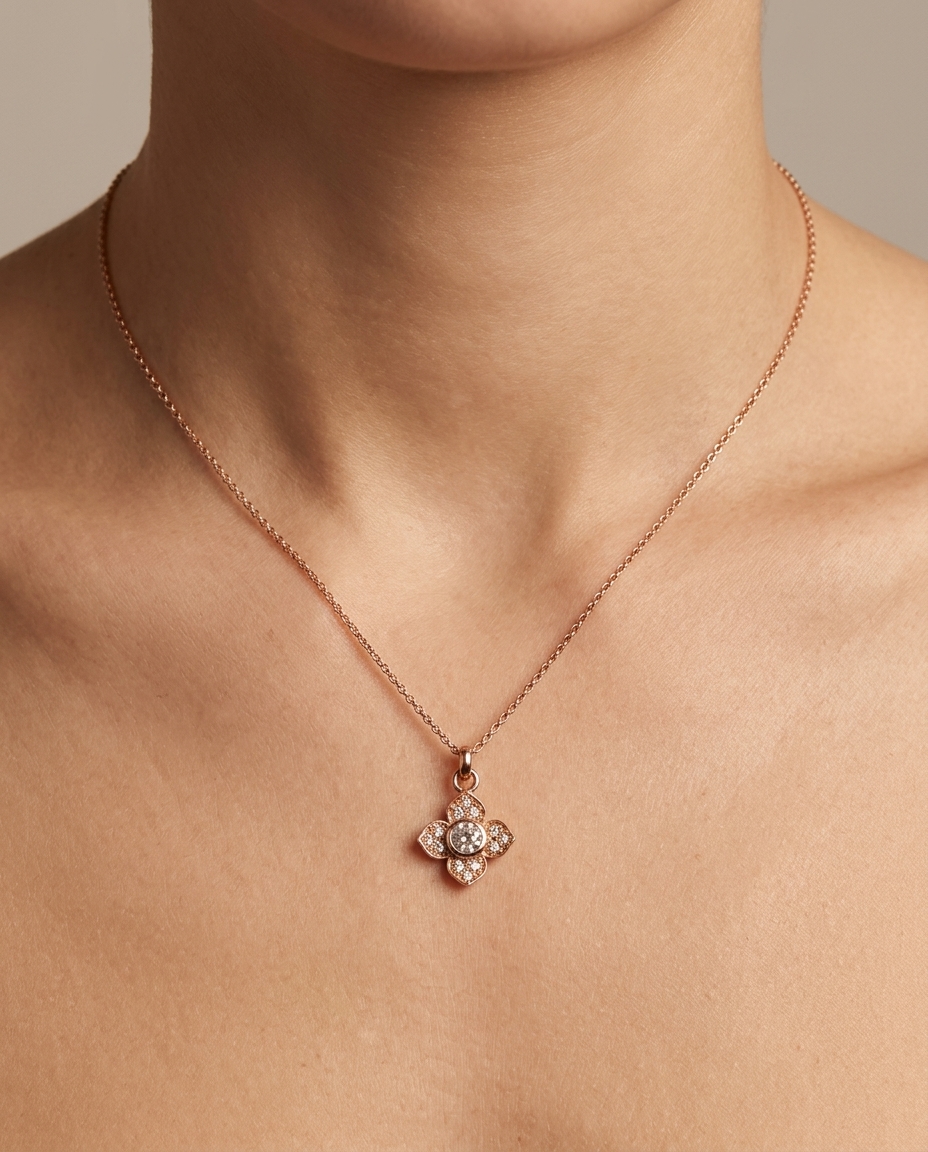 14KT Yellow Gold Rainbow Moonstone Clover Pendent Necklace on model