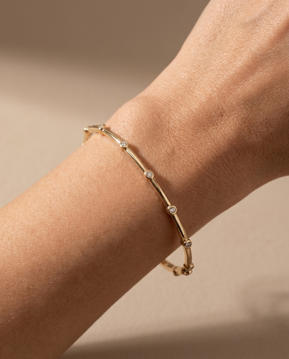 14KT Yellow Gold Diamond Bangle on model