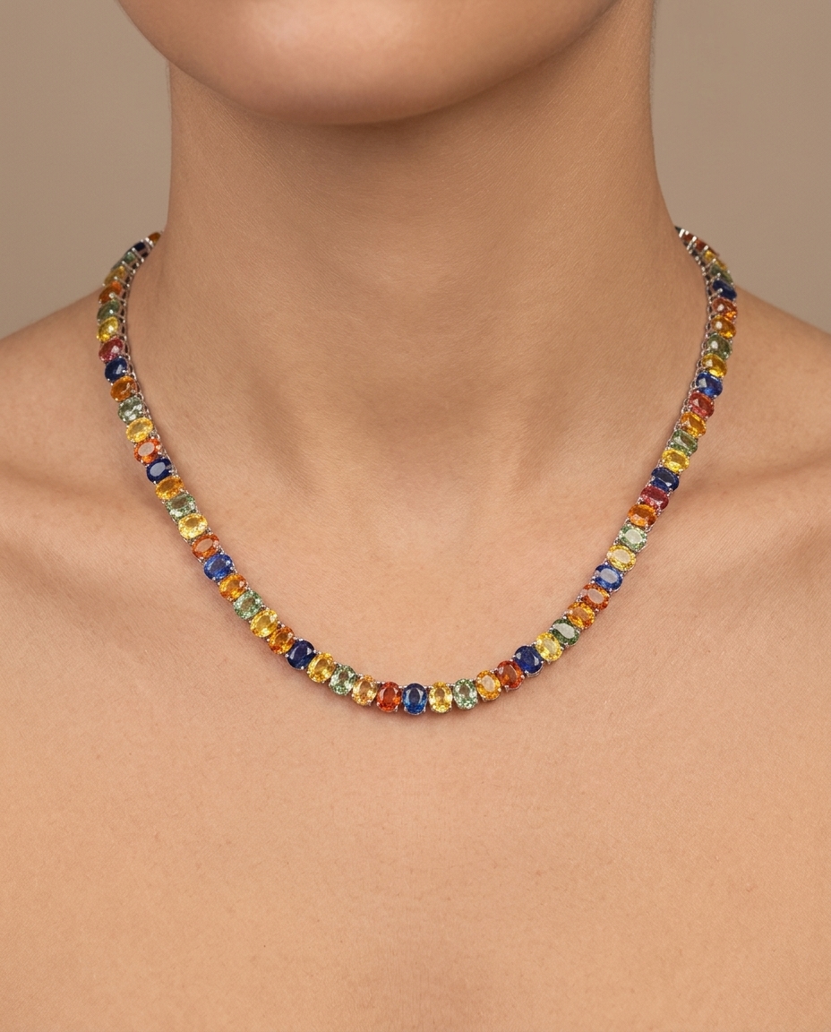 14KT White Gold Multi Sapphire Necklace on model