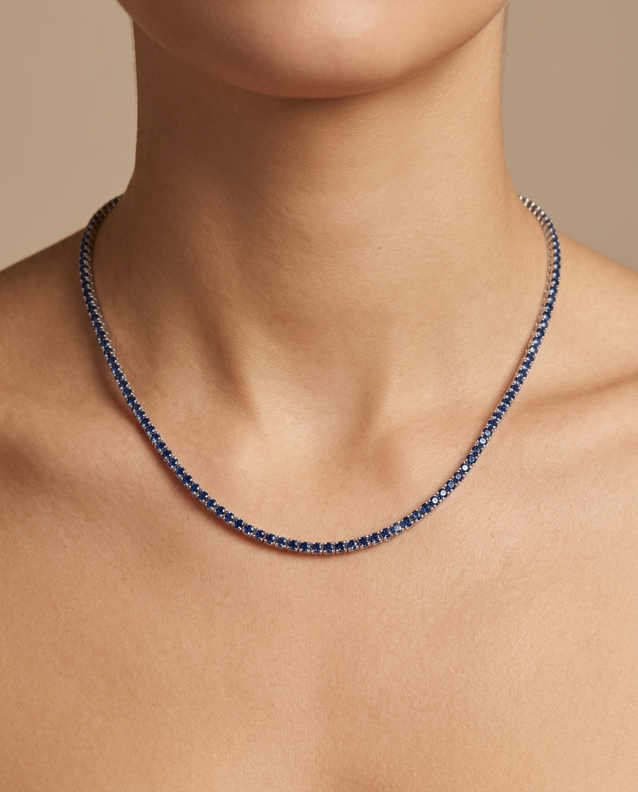 14KT White Gold Sapphire Necklace on model