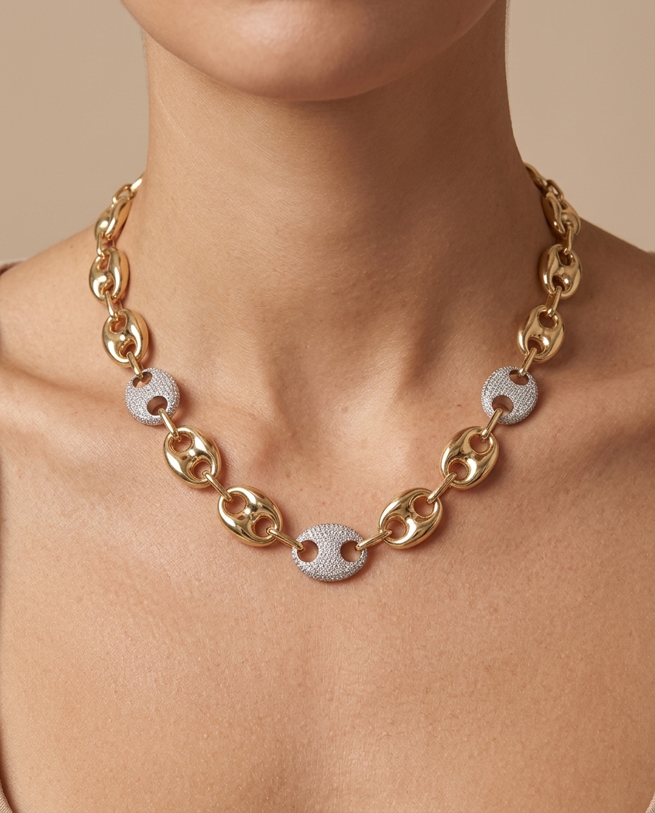 14KT Yellow Gold Hollow Puff Mariner Necklace with Diamond Links on model
