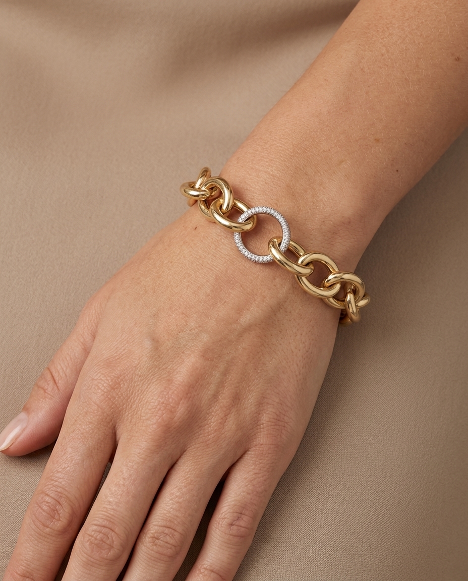 14KT Yellow Gold Hollow Bracelet with Diamond Link on model