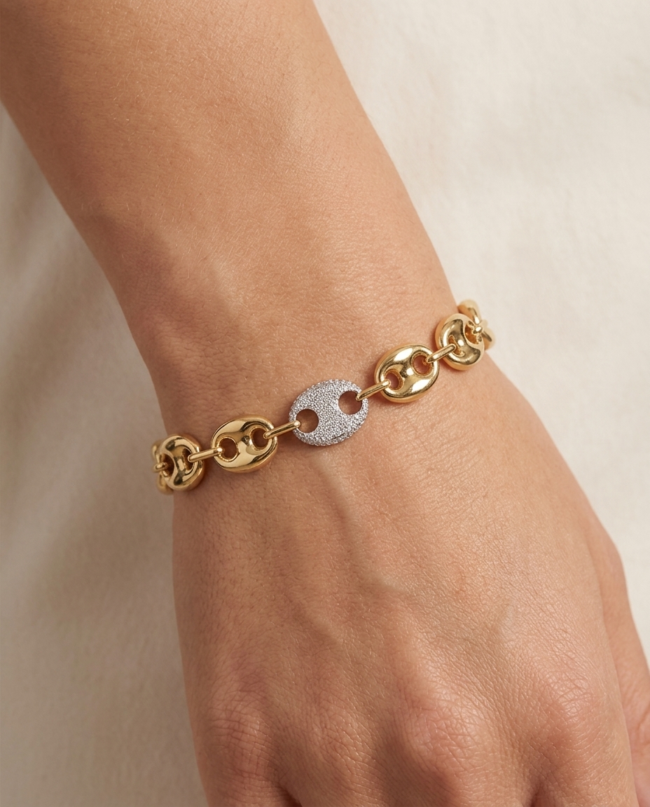 14KT Yellow Gold Hollow Puff Mariner Bracelet with Diamond Link on model