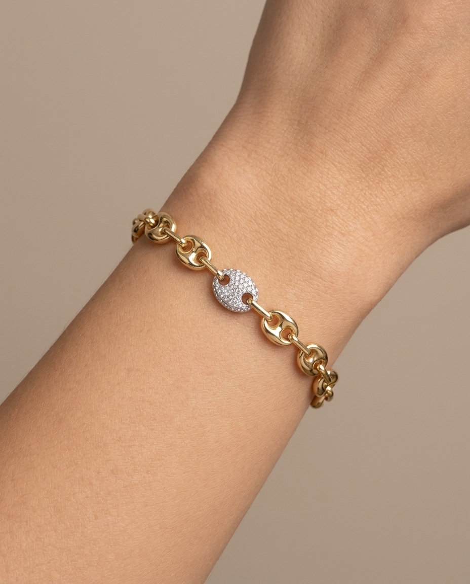 14KT Yellow Gold Hollow Puff Mariner Bracelet with Diamond Link on model