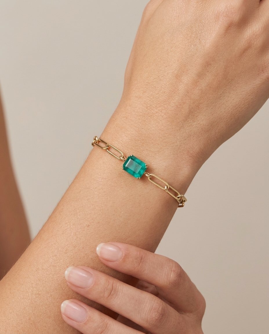 14KT Yellow Gold Emerald Paperclip Bracelet on model