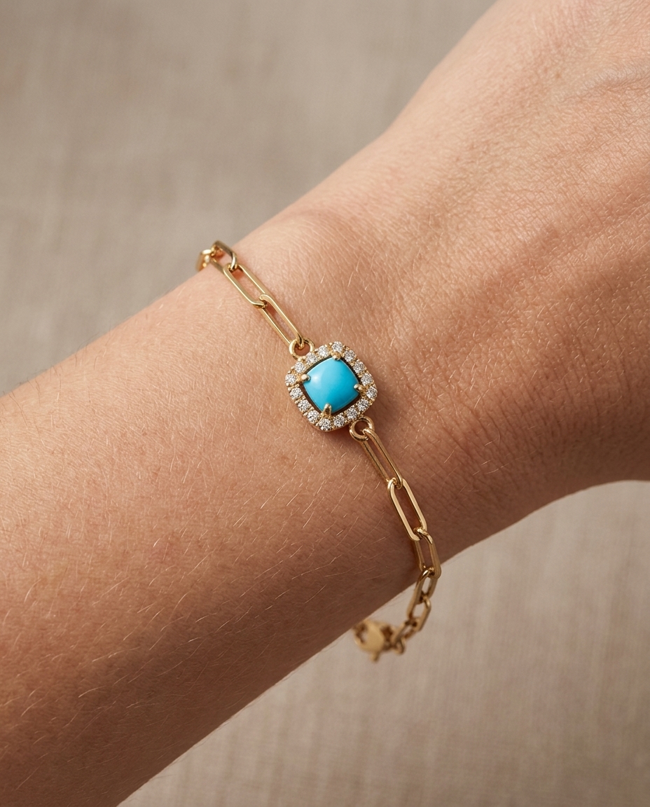 14KT Yellow Gold Turquoise and Diamonds Bracelet on model