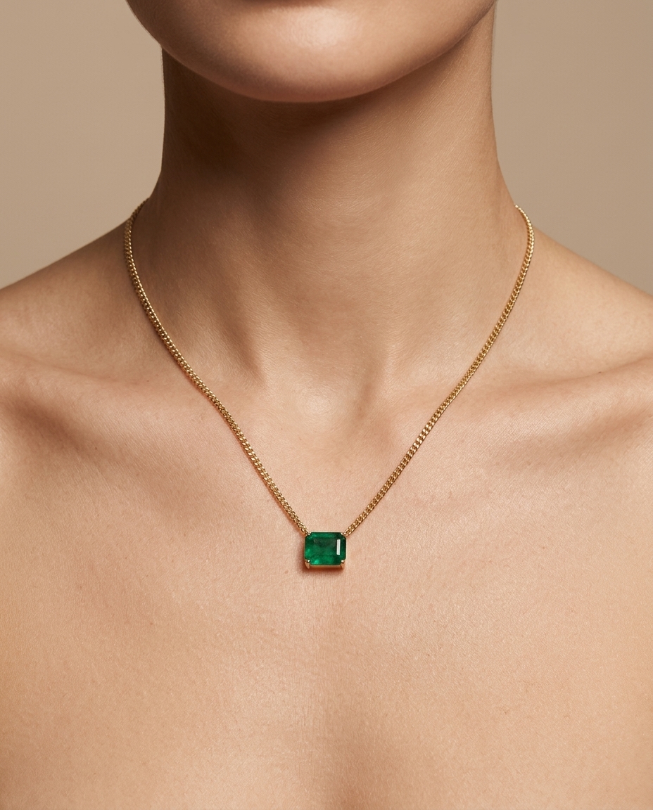 14KT Yellow Gold Emerald Necklace on model