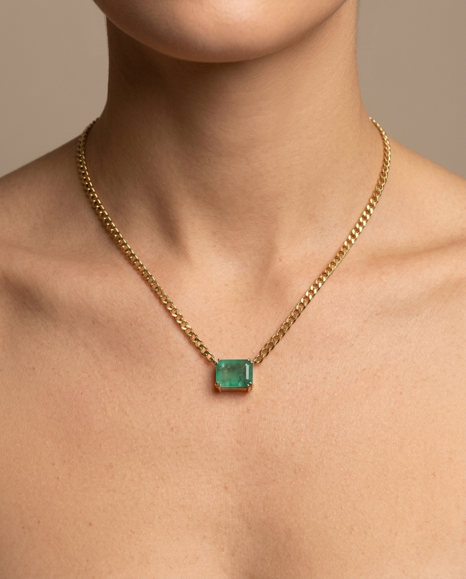 14KT Yellow Gold Emerald Necklace on model